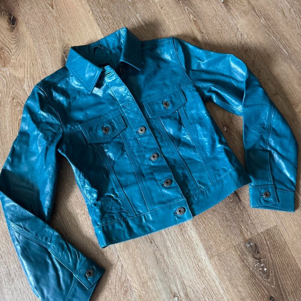 Vintage Y2K Gap Teal Blue Leather Jacket size‎ XS
